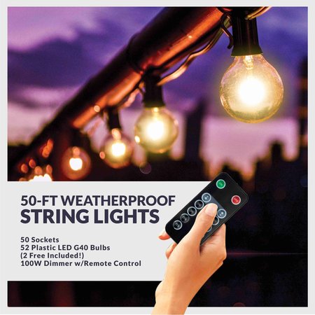 Newhouse Lighting - Outdoor LED G40 String Lights with Weatherproof Technology, 100W Dimmer with Wireless Remote Control, 50ft PSTRINGLEDDIM